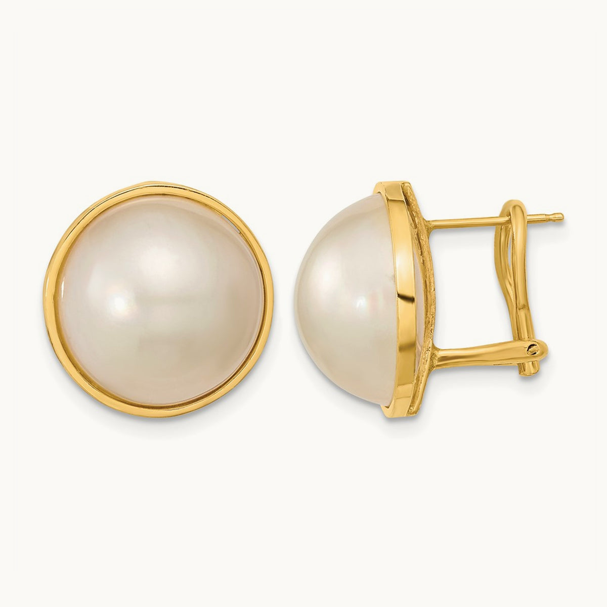 14- White Mabe Saltwater Cultured Pearl Omega Back Earrings, 15mm, 14K