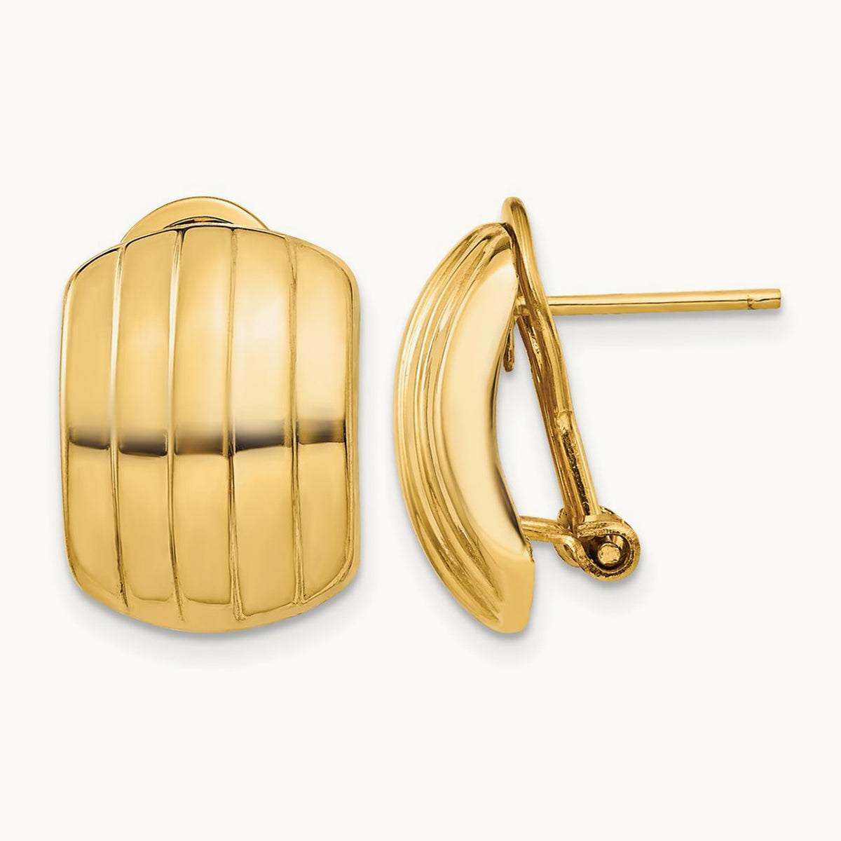 Polished Ribbed Omega Back Post Earrings, 14K