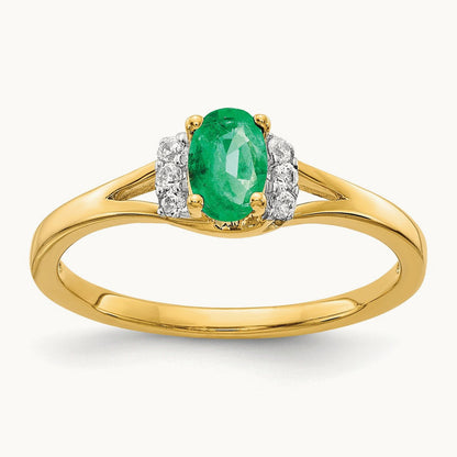 Diamond and Oval Emerald Ring — 14K Yellow Gold