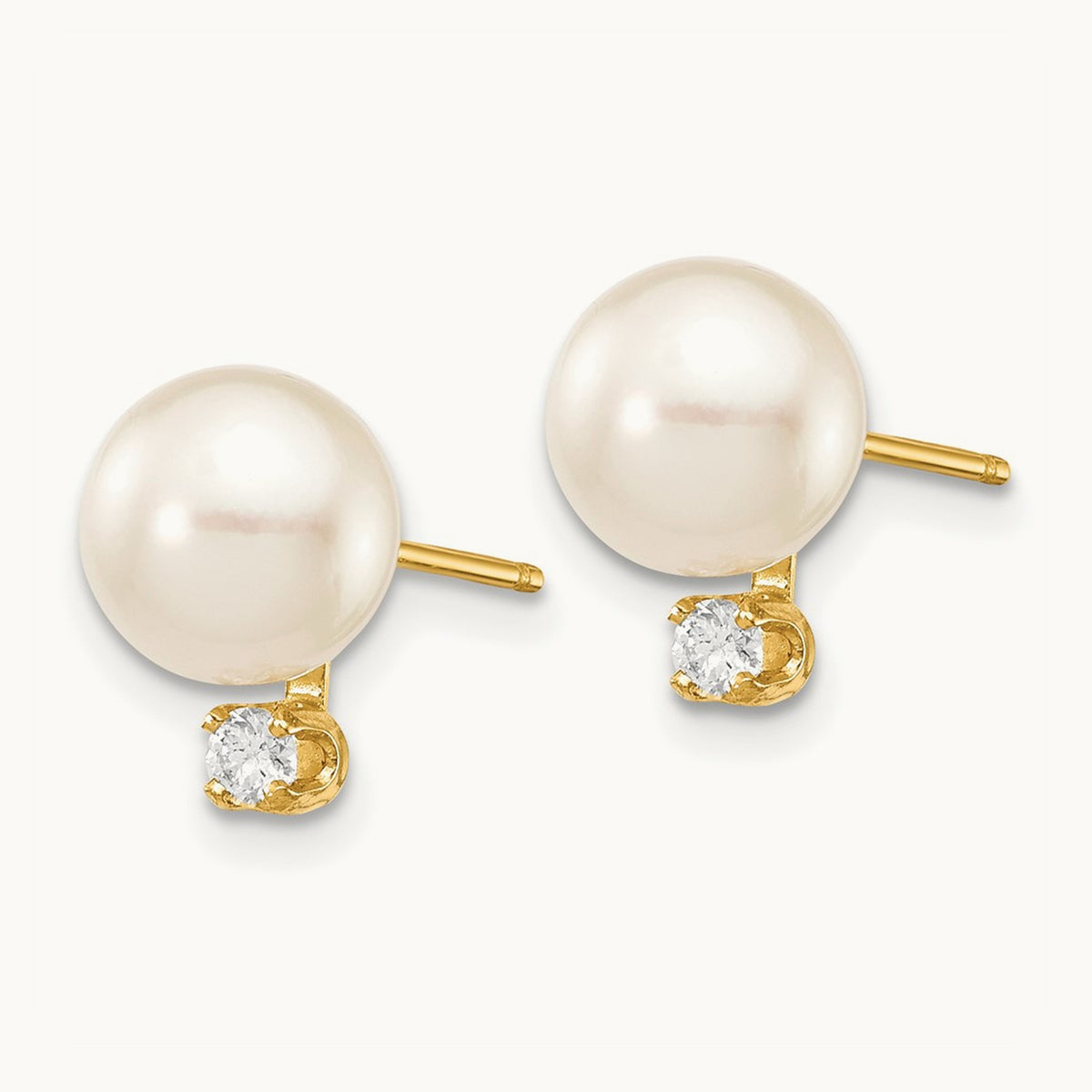 7- White Round Saltwater Akoya Cultured Pearl Diamond Post Earrings, 8mm, 14K