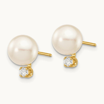 7- White Round Saltwater Akoya Cultured Pearl Diamond Post Earrings, 8mm, 14K