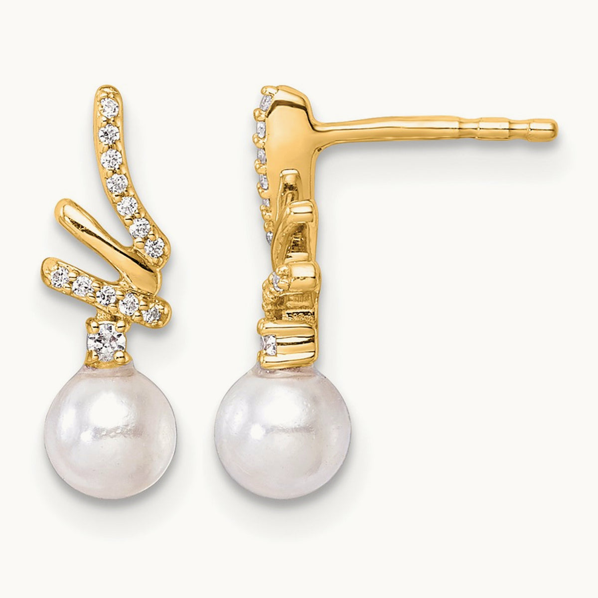 Polished Diamond and Pearl Drop Post Earrings — 14K Yellow Gold