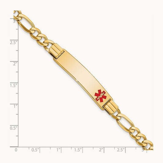 Medical Red Enamel Flat Figaro Link ID Bracelet, 14K