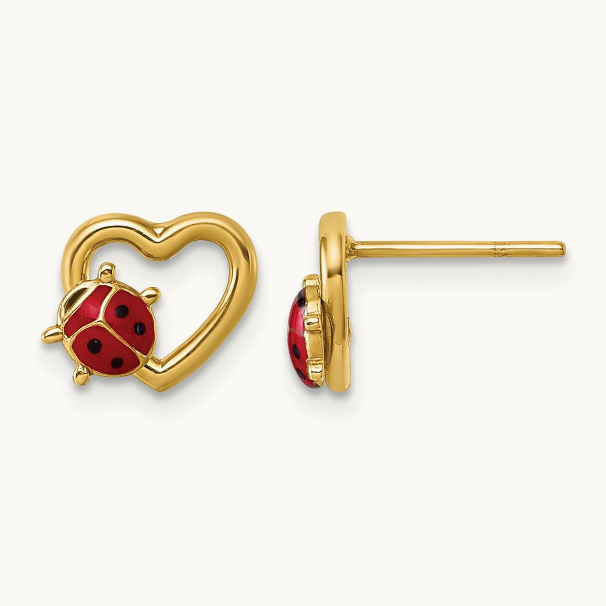 Polished Heart with Enameled Lady Bug Post Earrings, 14K