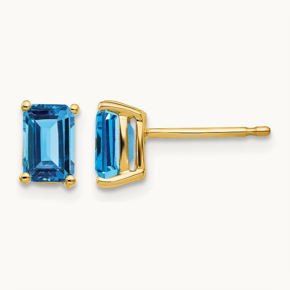 6x4mm Emerald Cut Blue Topaz Earrings, 14K