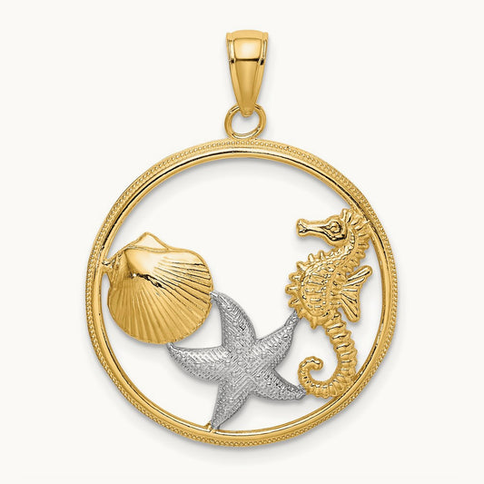 Scallop, Starfish, Seahorse Circle Charm, 14K with White Rhodium