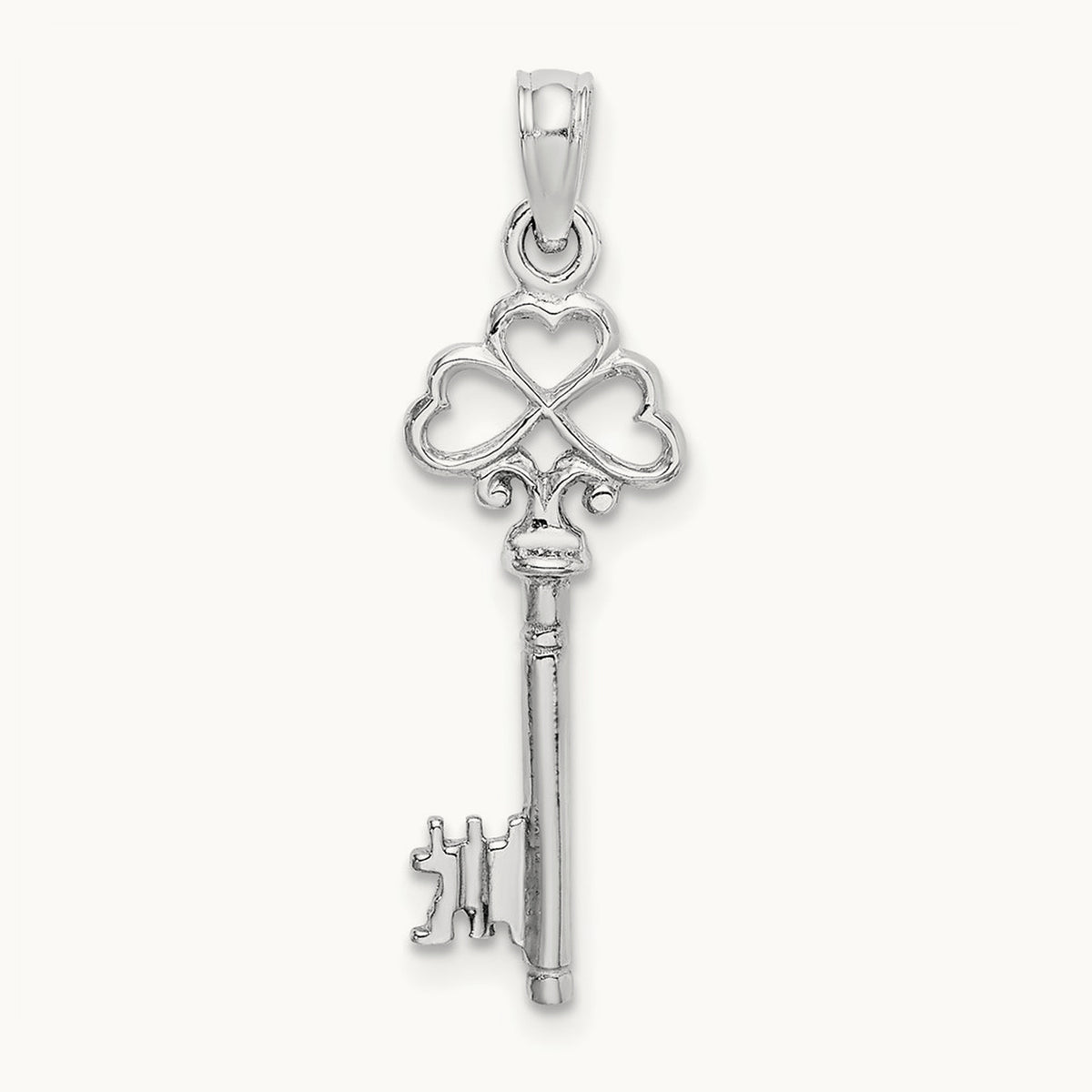 Polished 3-D Hearts Key Charm — 14K White Gold