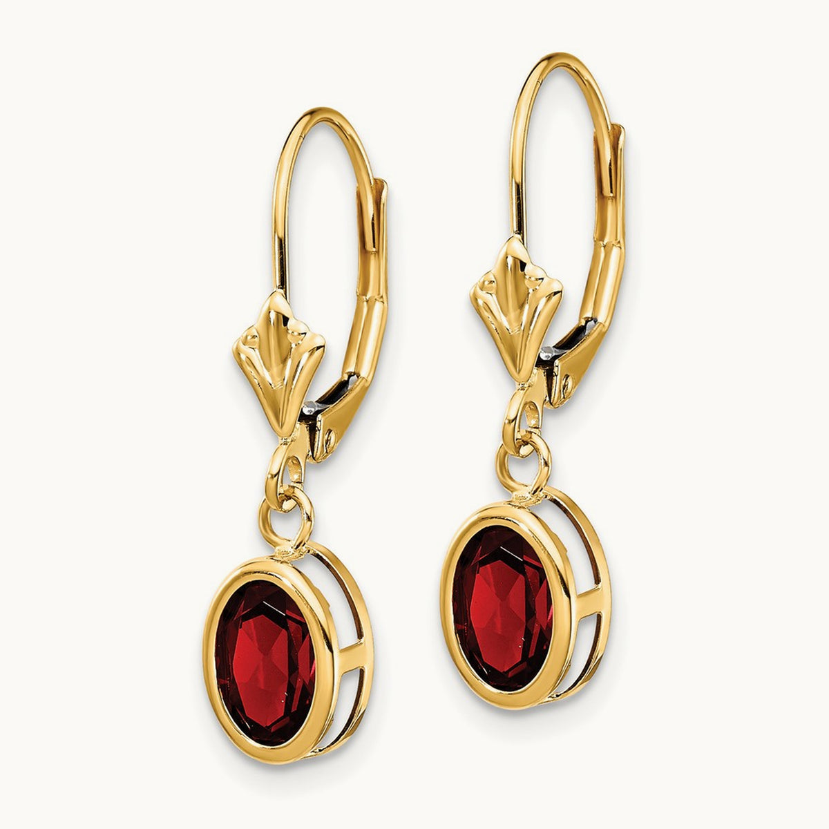 Oval Garnet Leverback Earrings — 14K Yellow Gold, 27mm, 7x5mm