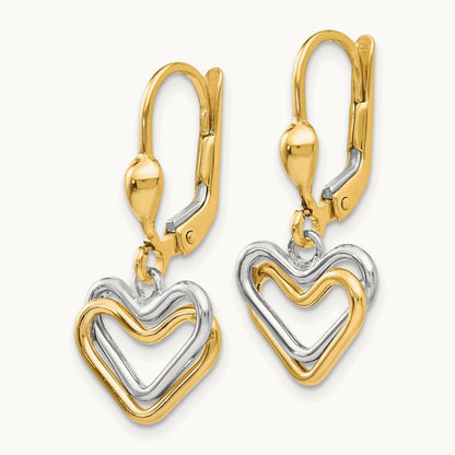 Heart Leverback Dangle Earrings, 14K Two-tone