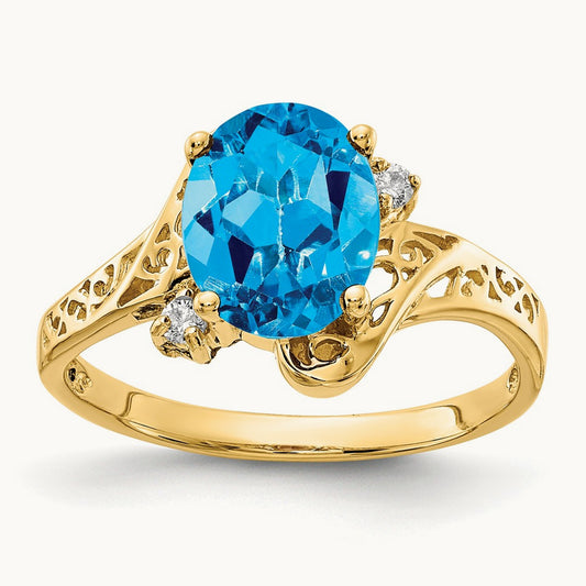 9x7mm Oval Blue Topaz AA Diamond ring, 14K