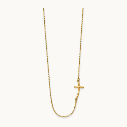 Small Sideways Curved Cross Necklace — 14K Yellow Gold