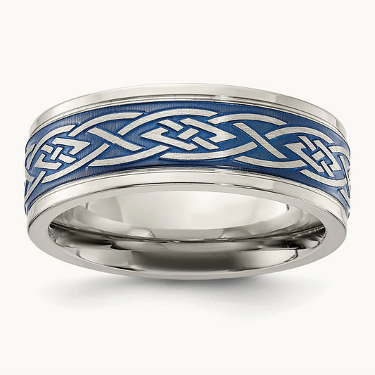 Polsihed Blue IP-plated Celtic Design Band, 8.00mm, Stainless Steel