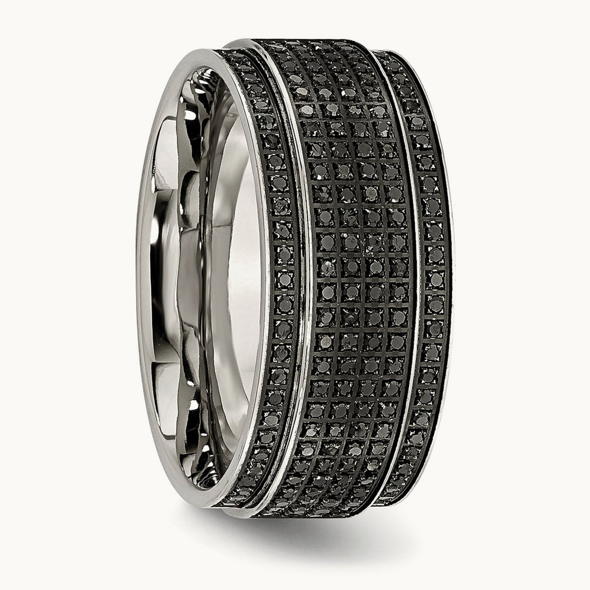 Polished 1/2ct Black Diamond Ridged Edge Band, 10mm, Stainless Steel