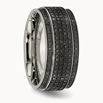 Polished 1/2ct Black Diamond Ridged Edge Band, 10mm, Stainless Steel
