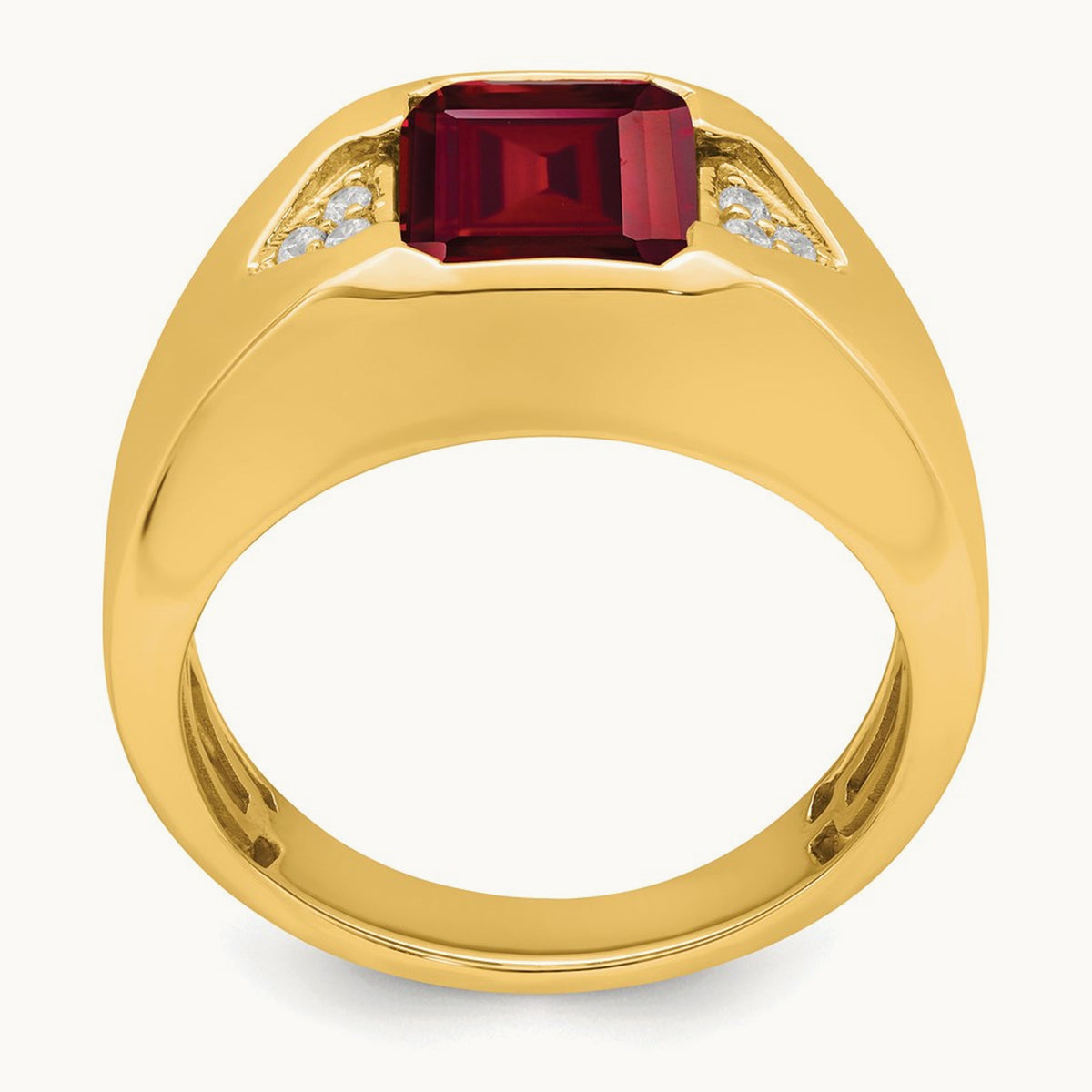 Emerald-cut Created Ruby and Lab-Grown Diamond Men's Ring — 14K Yellow Gold, 10