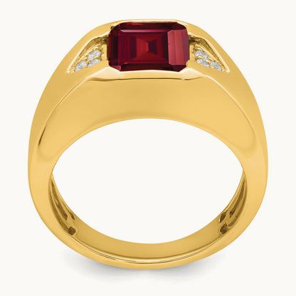 Emerald-cut Created Ruby and Lab-Grown Diamond Men's Ring — 14K Yellow Gold, 10
