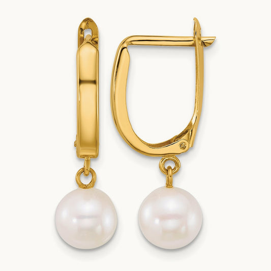 7- Round White FW Cultured Pearl Dangle Hoop Earrings, 8mm, 14K