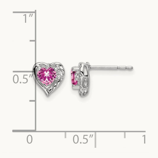 Created Pink Sapphire and Diamond Heart Earrings, 14K White Gold