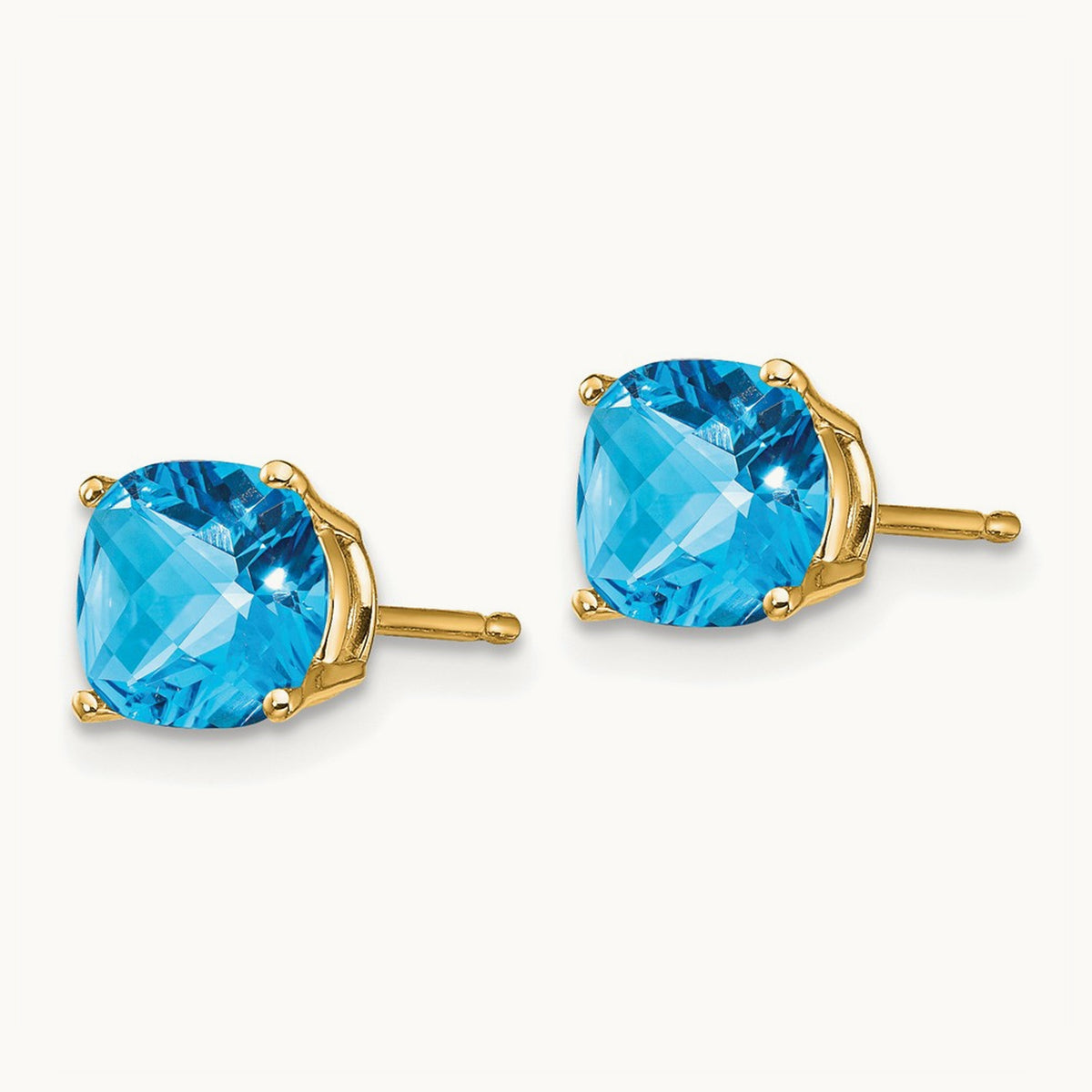 6x6mm Cushion Blue Topaz Checker earring, 14K