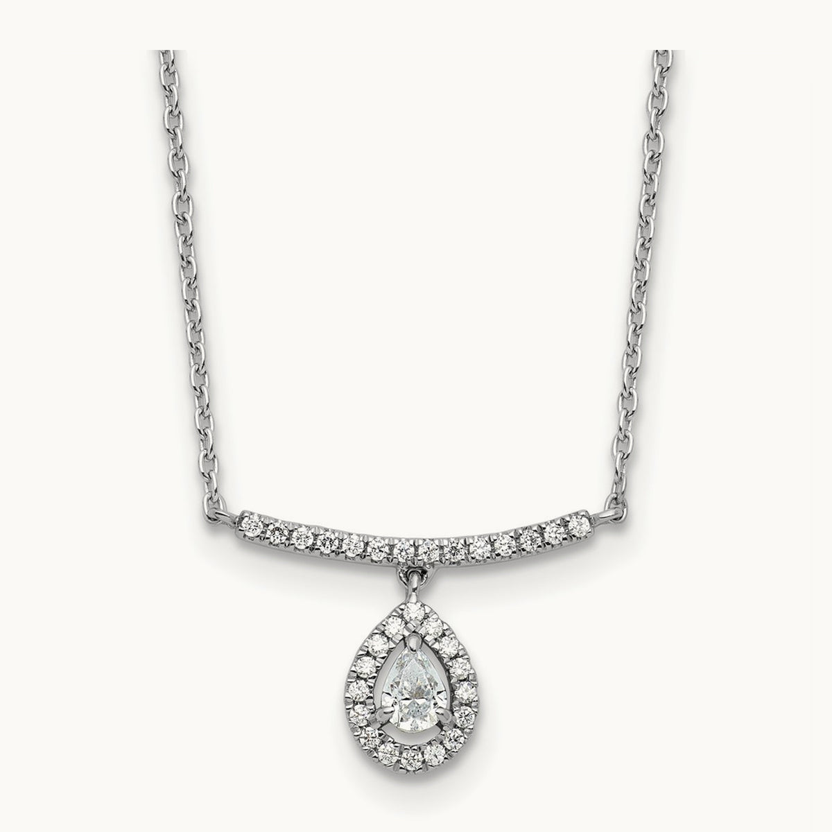 Polished Diamond Bar w/Dangle Pear Necklace, 14K White Gold