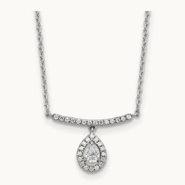 Polished Diamond Bar w/Dangle Pear Necklace, 14K White Gold
