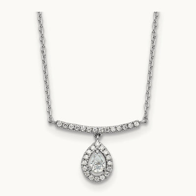 Polished Diamond Bar w/Dangle Pear Necklace, 14K White Gold