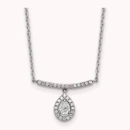 Polished Diamond Bar w/Dangle Pear Necklace, 14K White Gold