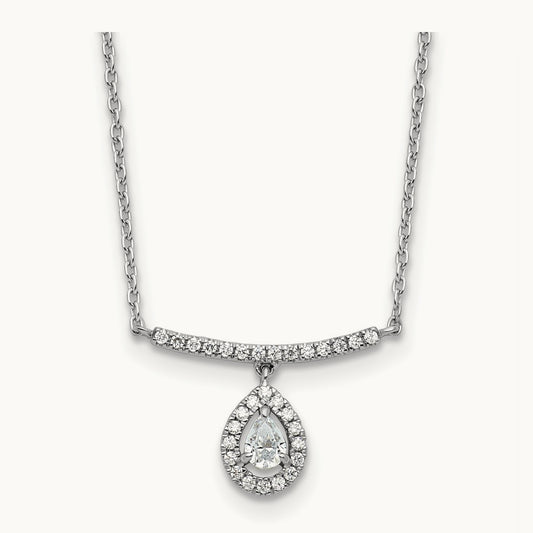Polished Diamond Bar w/Dangle Pear Necklace, 14K White Gold