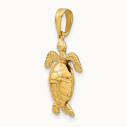 Solid Polished 3-D Moveable Turtle Pendant — 14K Yellow Gold, 19mm