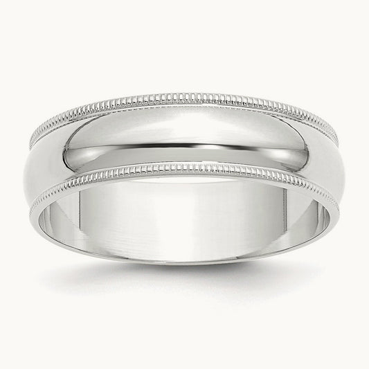Lightweight Milgrain Half Round Band, 6mm, 10K White Gold