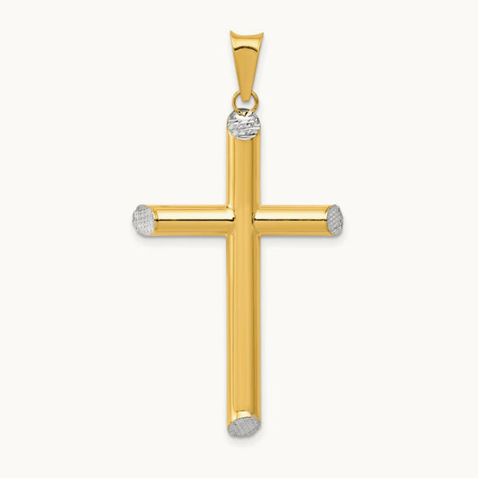 W/Rhodium 3-D Hollow D/C Cross Pendant, 14K