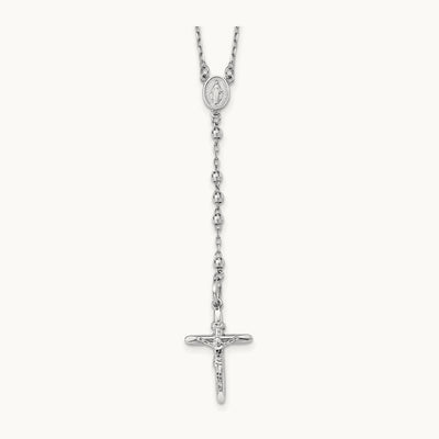 Mirror Beaded Rosary 24 inch Necklace, 3mm, 14K White Gold
