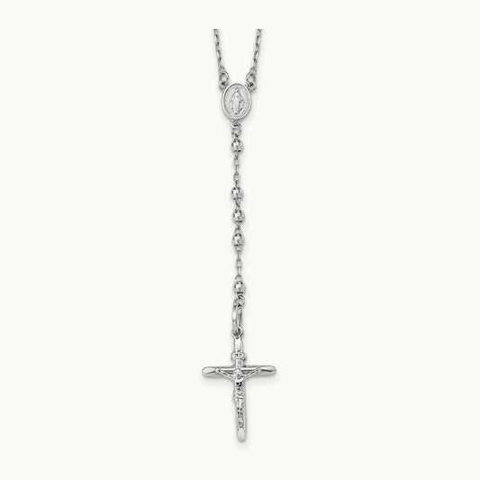 Mirror Beaded Rosary 24 inch Necklace, 3mm, 14K White Gold