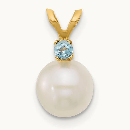 7- White Round FWC Pearl Swiss Blue Topaz Pendant, 7.5mm, 14K