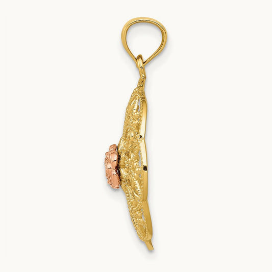 Polished Rose in Round Filigree Charm, 14K Yellow with Rose