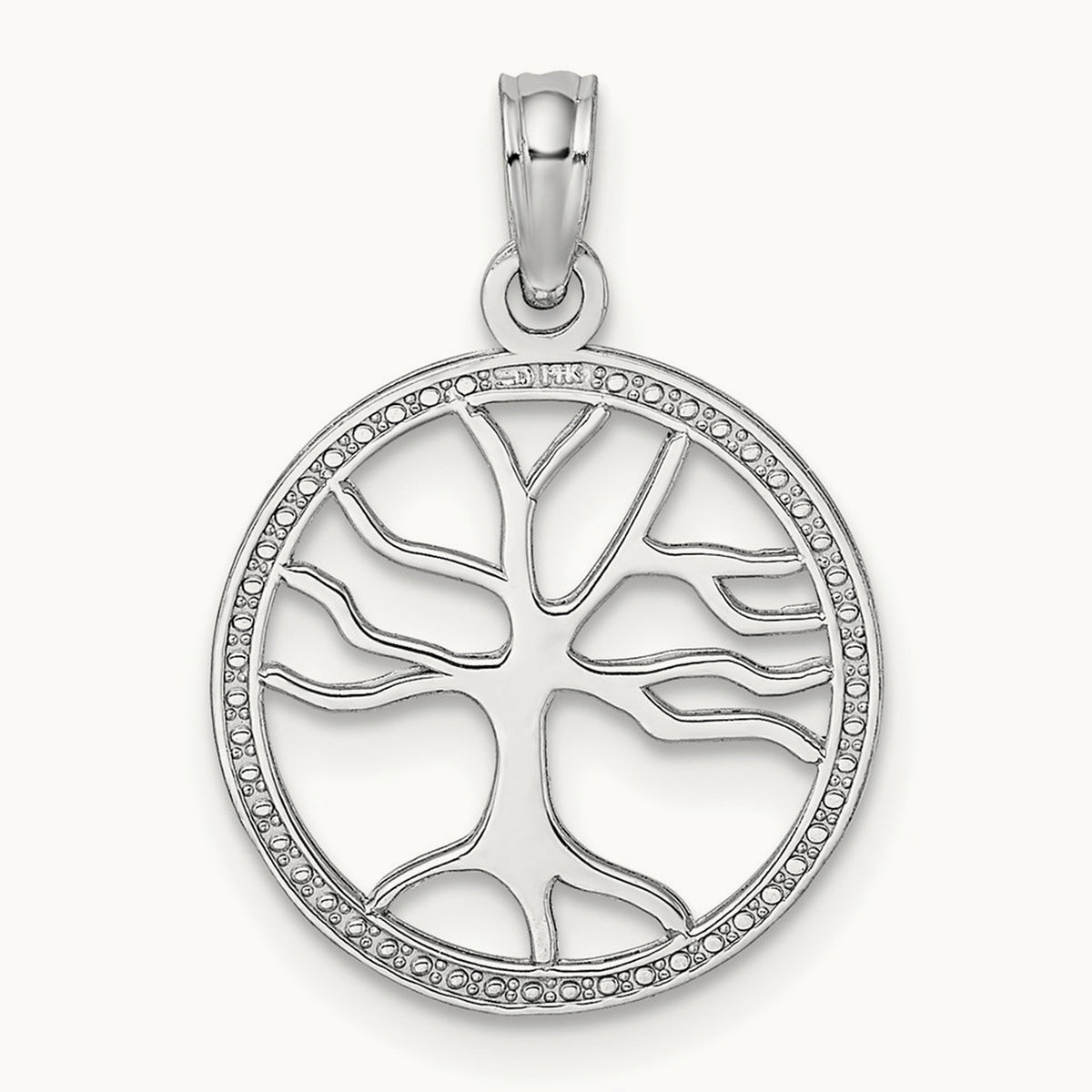Small Tree of Life In Round Frame Charm — 14K White Gold