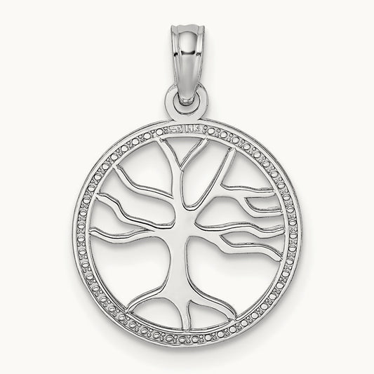 Small Tree of Life In Round Frame Charm, 14K White Gold