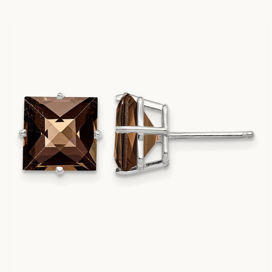 Princess 4-Prong Checker-Cut Smoky Quartz Earrings, 8.0mm, 14K White Gold