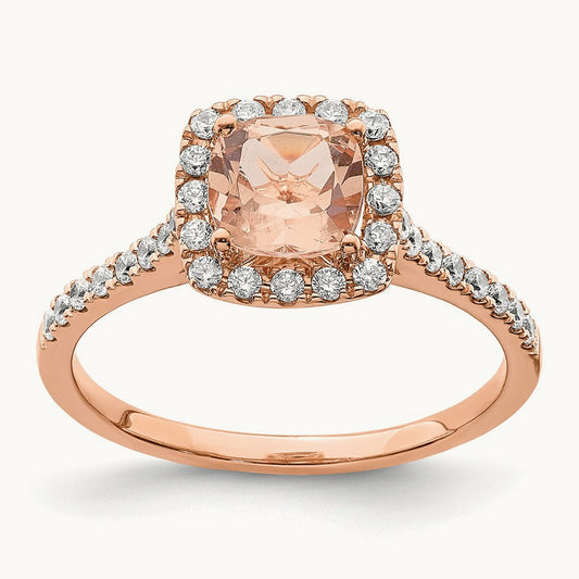 Morganite Diamond Halo Complete Engagement Ring, 14K Rose Gold