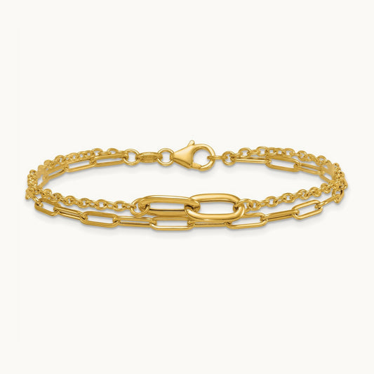 Polished Paperclip Double Strand 7.5in Bracelet, 14K