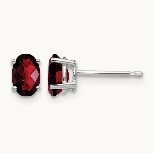 6x4mm Oval Garnet Checker Earrings, 14K White Gold