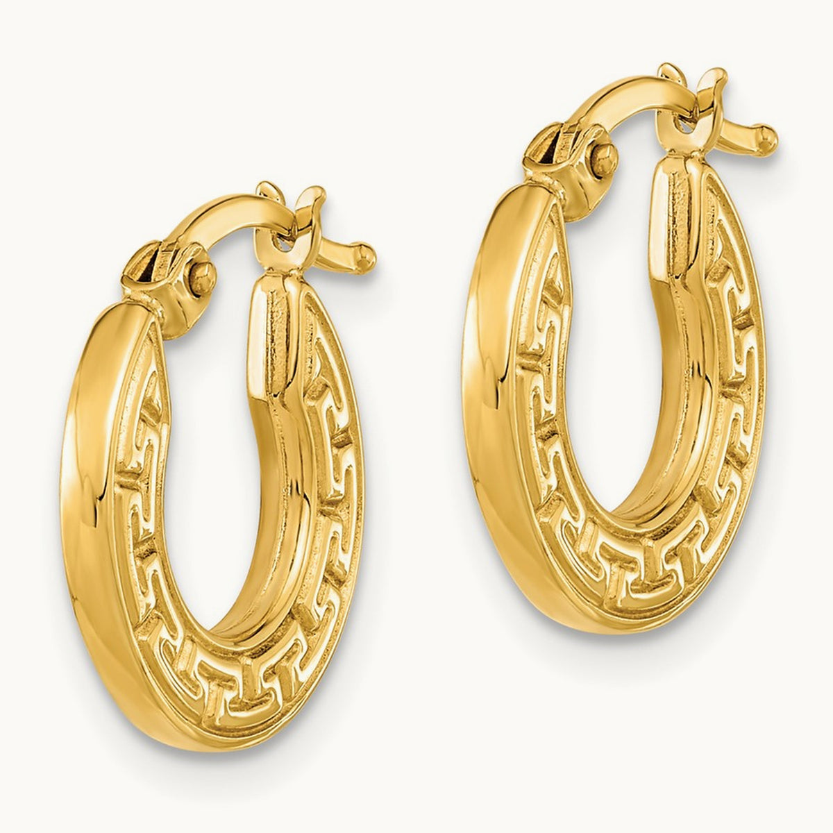 Polished Hollow Greek Key Hoop Earrings, 14K