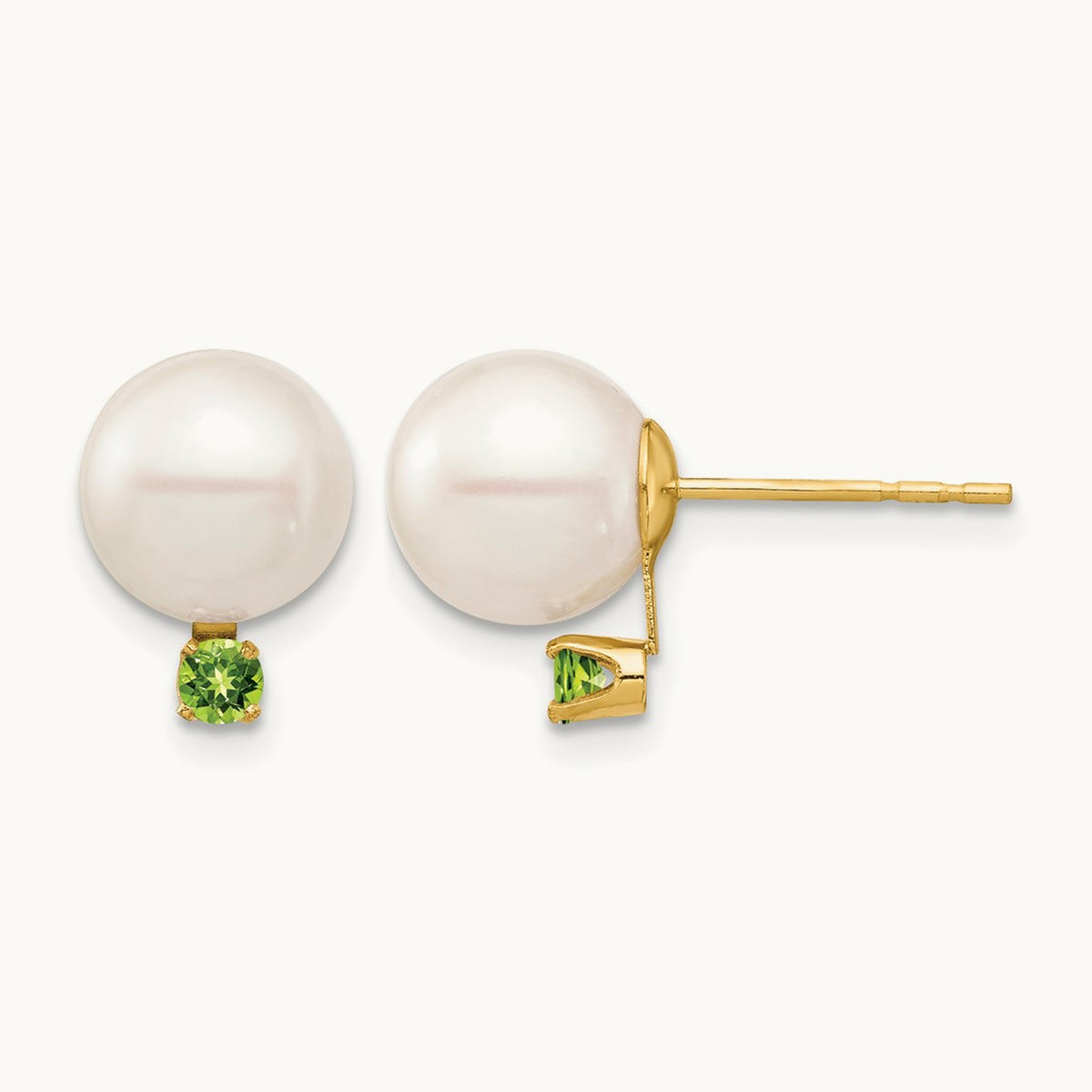 8- White Round Freshwater Cultured Pearl Peridot Post Earrings, 8.5mm, 14K
