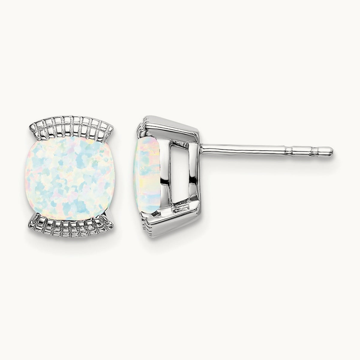 Created Opal Post Earrings — 14K White Gold