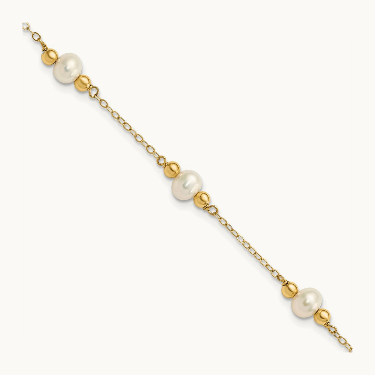 5- White Near Round FW Cultured Pearl Bead 5-station Bracelet, 6mm, 14K