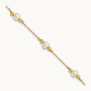 5- White Near Round FW Cultured Pearl Bead 5-station Bracelet, 6mm, 14K