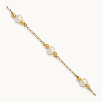 5- White Near Round FW Cultured Pearl Bead 5-station Bracelet, 6mm, 14K