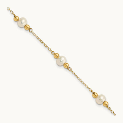 5- White Near Round FW Cultured Pearl Bead 5-station Bracelet, 6mm, 14K
