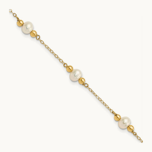 5- White Near Round FW Cultured Pearl Bead 5-station Bracelet, 6mm, 14K