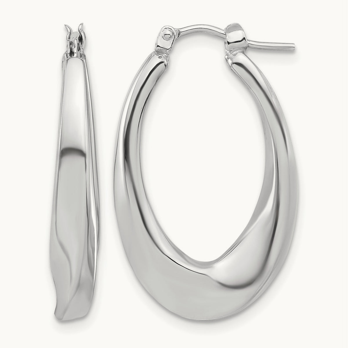 Polished Hollow Oval Twist Hoop Earrings — 14K White Gold